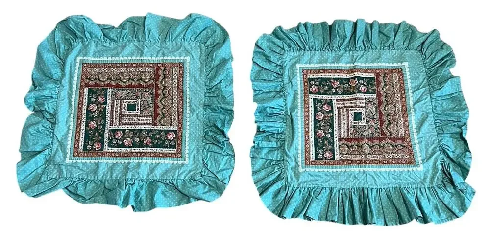 Pair Vintage Cottagecore Custom Quilt Ruffle Throw Pillow Cover 22